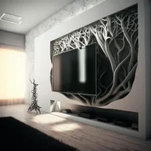 TV mounted on wall with tree design behind the tv.