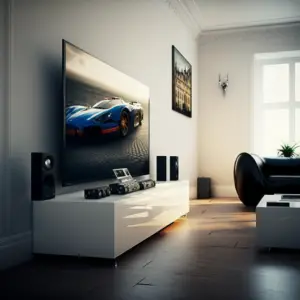 TV mounted on wall with a racecar on the tv