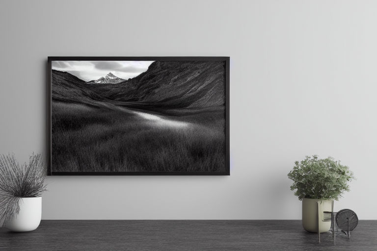 black and white photo of a tv mounted on a wall