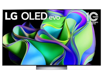 LG OLED evo TV with vibrant, abstract display.