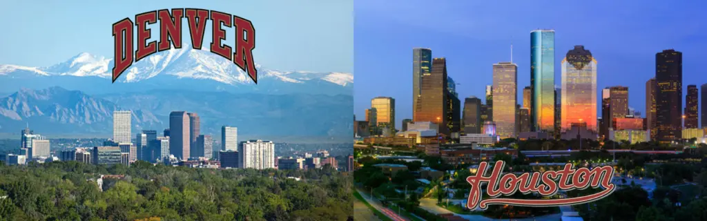 a photo of both denver and houston with the city skyline