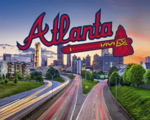 atlanta braves logo over atlanta skyline representing tv mounting in Atlanta