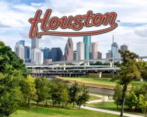 image of the houston skyline with the words houston above it signifying tv mounting in houston