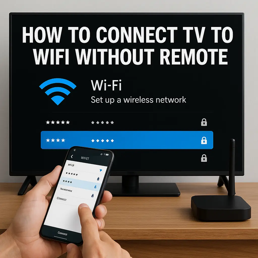 Person using smartphone to connect a smart TV to Wi-Fi without a remote, showing wireless setup screen and router on a wooden surface.