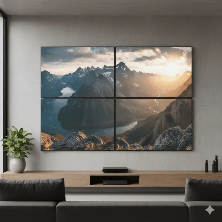 4 tvs in a grid pattern mounted on a wall by handy andy tv mounting