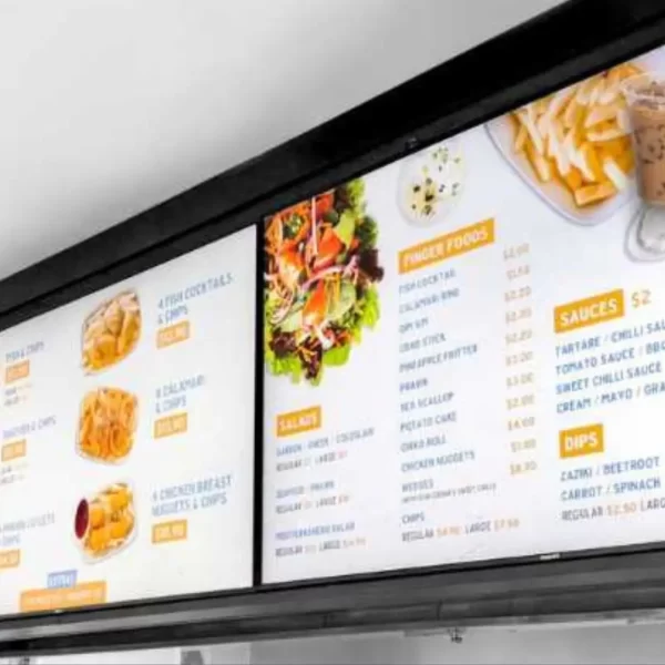menu displayed on tvs mounted on the wall.